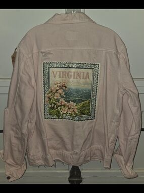 Pastel Pink Virginia Graphic Distressed Denim Jacket - Women's Jean Jacket Sz XL